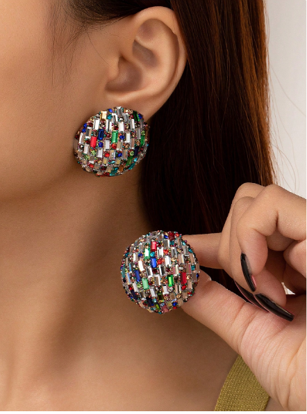 Multicolor Crystal Oval Stud Earrings – Vintage Gemstone Button Statement Earrings
