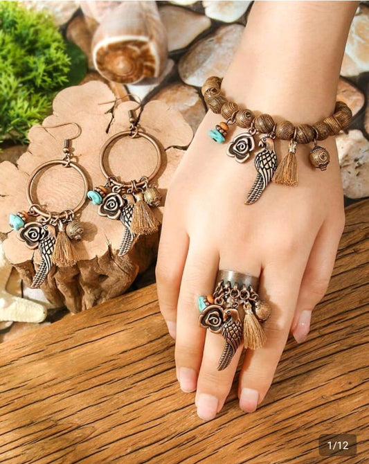 SHEIN   TOPHANQI 4 PCS/3PCS BOHEMIAN STYLE VINTAGE EARRING BRACELET RINGSET