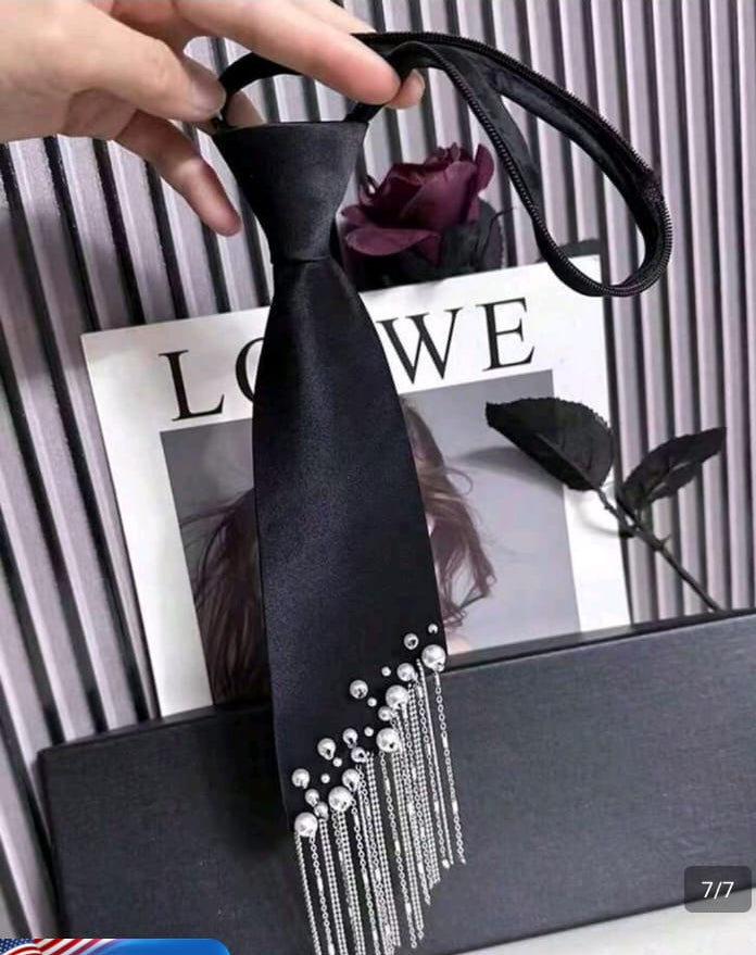 SHEIN 2025 New Design Fringed Tie For Women, Korean Pearl Slouchy No-Tie Necktie To Match Shirt, Black Color