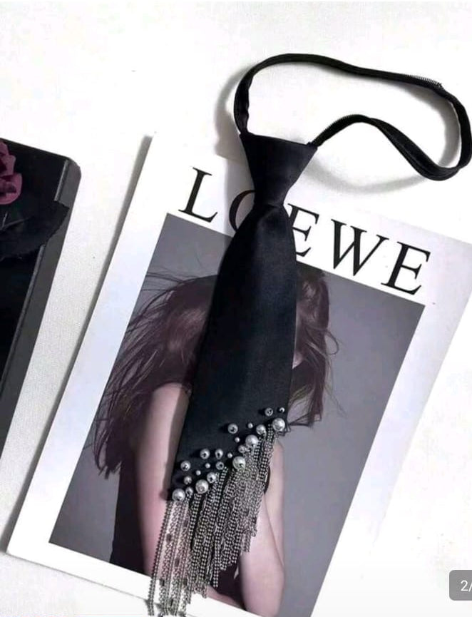SHEIN 2025 New Design Fringed Tie For Women, Korean Pearl Slouchy No-Tie Necktie To Match Shirt, Black Color