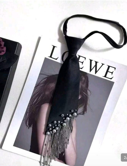 SHEIN 2025 New Design Fringed Tie For Women, Korean Pearl Slouchy No-Tie Necktie To Match Shirt, Black Color