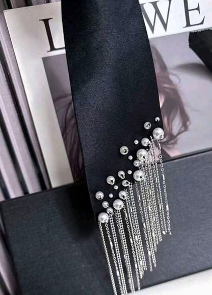 SHEIN 2025 New Design Fringed Tie For Women, Korean Pearl Slouchy No-Tie Necktie To Match Shirt, Black Color