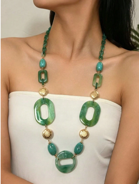 Boho Green Acrylic Link Necklace – Geometric Resin & Gold Coin Statement Necklace