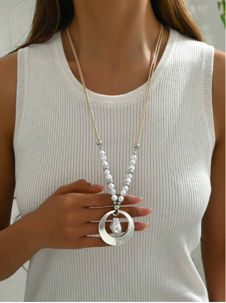 Bohemian Faux Baroque Pearl & Silver Ring Long Pendant Necklace – Cream Cord