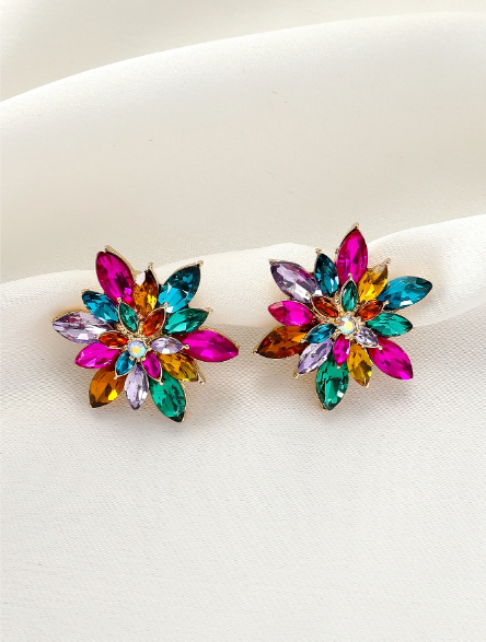 Multicolor Marquise Crystal Burst Stud Earrings – Vibrant Gemstone Flower Statement Earrings