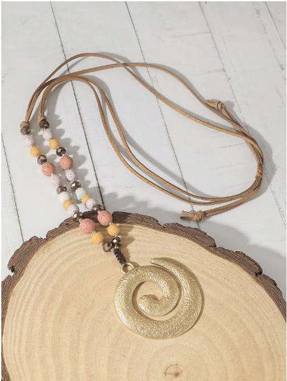 Boho Textured Gold Spiral Pendant Long Necklace – Beaded Cord Statement Jewelry