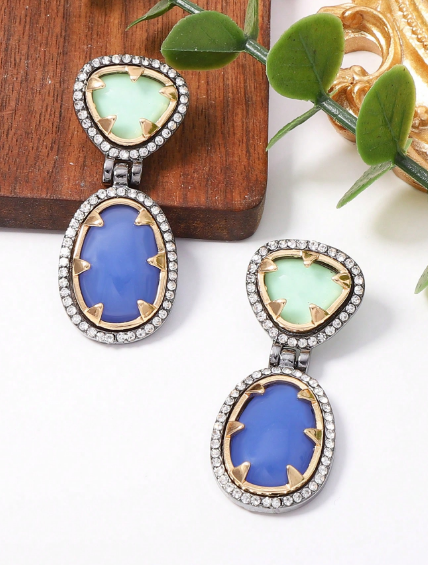 1 Pair Vintage Contrast Color Geometric Resin Rhinestone Dangle Earrings