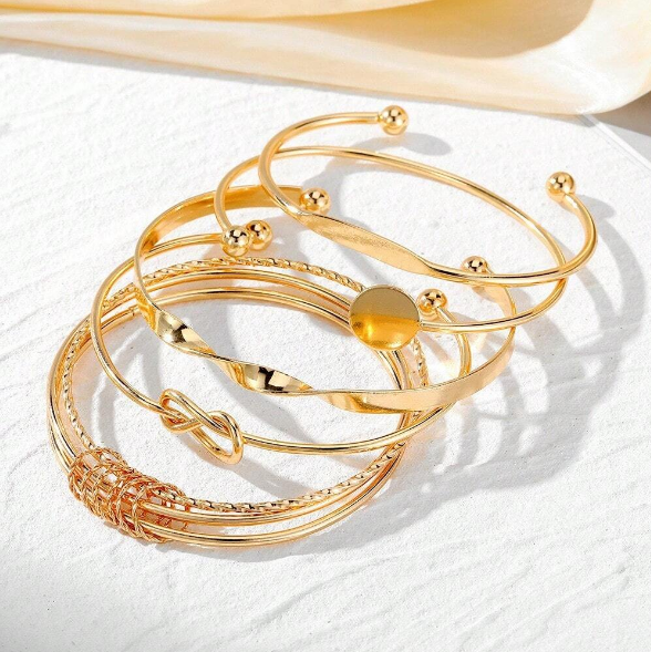 Minimalist Gold Bangle Set – 5-Piece Stackable Knot & Twist Cuff Bracelets
