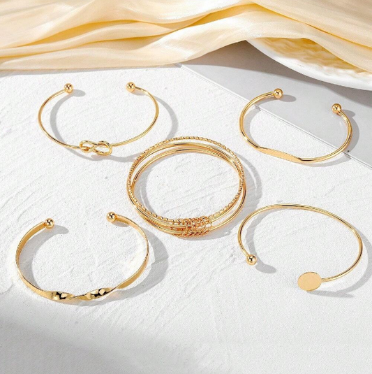 Minimalist Gold Bangle Set – 5-Piece Stackable Knot & Twist Cuff Bracelets