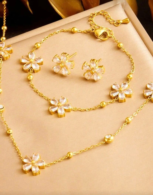 Shein 1set Gold Plated Stainless Steel Rhinestone & Transparent Flower