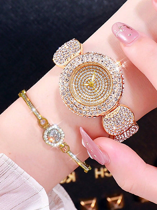 Shein 2Pcs/Set of Elegant Quartz Watch Full Rhinestones & Stainless Steel Bracelet