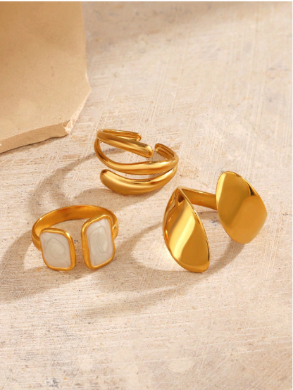 3pcs Set Stainless Steel 18K Gold-Plated Minimalist Geometric Drip Oil Open Ring Jewelry Set,