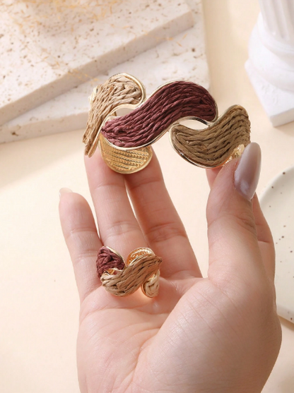 1pc Ins Vintage Earth Tone Twisted Straw Bracelet & Ring Set, 1pc Contrast Color Open Bangle