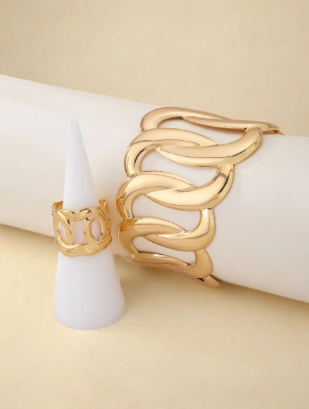 Chunky Gold Interlocking Link Cuff Bracelet & Ring Set – Openwork Statement Jewelry