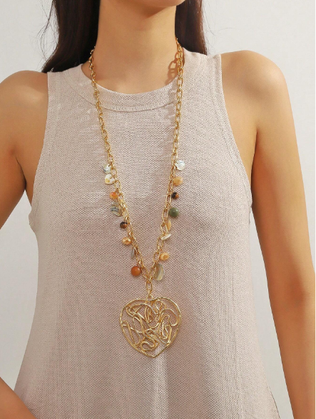 Bohemian Wire-Woven Openwork Heart Pendant Long Necklace – Beaded Gold Chain