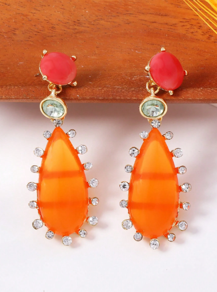 1 Pair Vintage Contrast Color Teardrop Geometric Resin Rhinestone Earrings