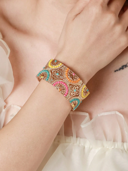 1pc Gold Plated Dopamine Style Beaded Wide Bangle Bracelet On Elastic String, Suitable For Women's Daily Wear