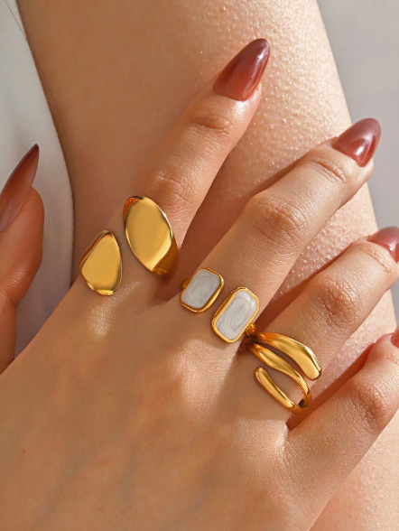 3pcs Set Stainless Steel 18K Gold-Plated Minimalist Geometric Drip Oil Open Ring Jewelry Set,