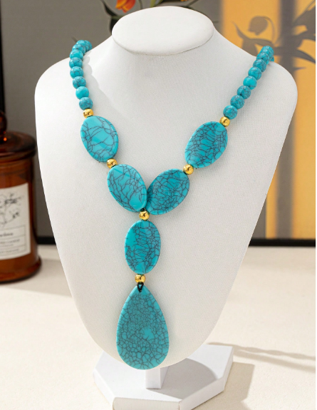 1pc Bohemian Vintage Faux Turquoise Bead Asymmetric Necklace For Women