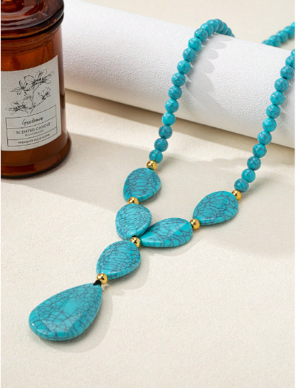 1pc Bohemian Vintage Faux Turquoise Bead Asymmetric Necklace For Women