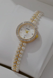 Shein Women's Pearl and Rhinestone Beaded Wristwatch with Rhinestone Dial