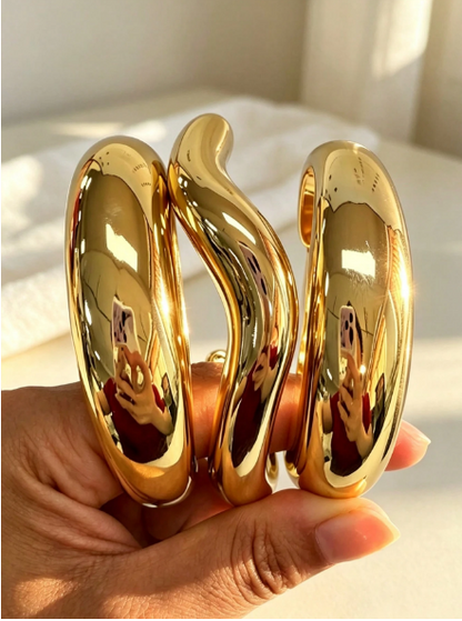 Chunky Gold Sculptural Cuff Bracelet Set – Organic Wave & Tubular Bangle Set