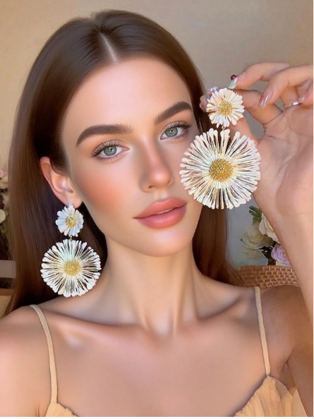 Boho White Floral Raffia Drop Earrings – Tiered Daisy Statement Earrings