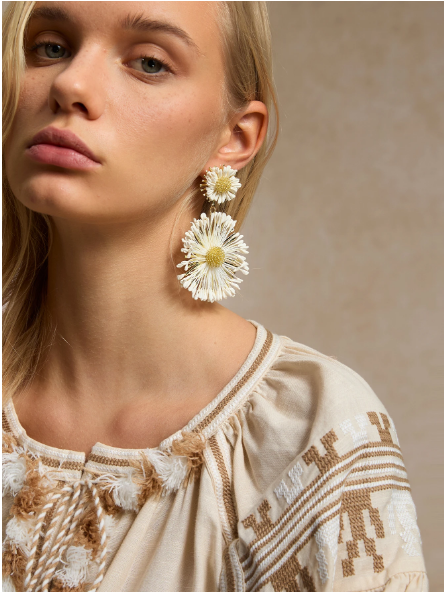 Boho White Floral Raffia Drop Earrings – Tiered Daisy Statement Earrings
