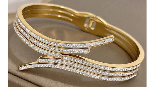 C Unique Design Gold Color Stainless Steel Bracelet Stackable Bangle For Women Glitter CZ Rhinestone