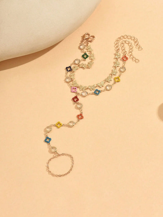 2pcs/Set Fashionable Clover Element Finger Chain, Elegant Crystal Butterfly Layered Bracelet