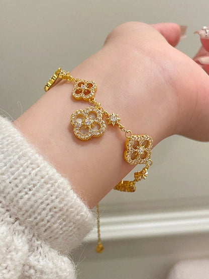 SHEIN 1pc Stainless Steel 4-Petal Zirconia Flower Bracelet,