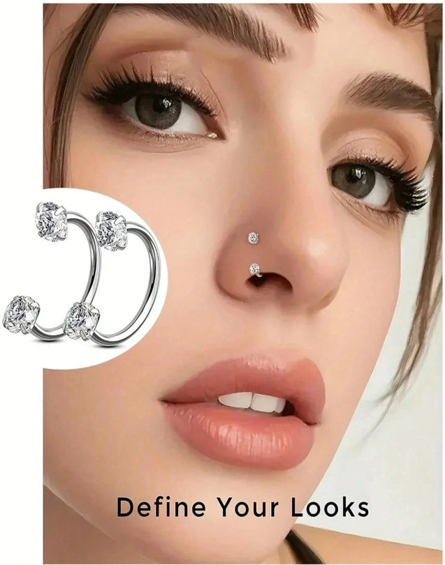 SHEIN  2Pcs Of C Type Zirconia Set Nose Rings Lip Rings Horseshoe Rings Nose Septum Earrings 16G Stainless Steel