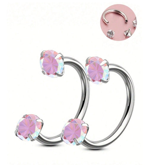 SHEIN  2Pcs Of C Type Zirconia Set Nose Rings Lip Rings Horseshoe Rings Nose Septum Earrings 16G Stainless Steel