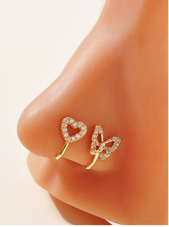 SHEIN 2pcs/set Rhinestone Butterfly Decor Nose Cuff Unisex Fashion Punk Body Piercing Jewelry Copper Jewelry