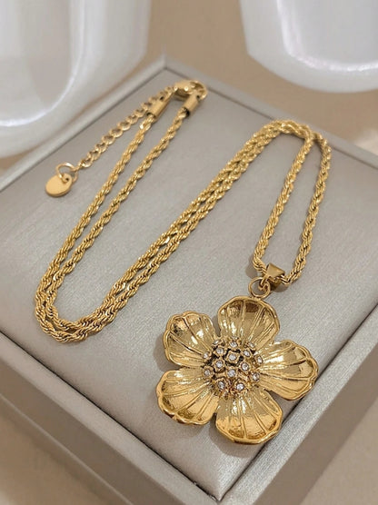 SHEIN pc Stainless Steel Necklace, Vintage Gold Flower Pendant, Chunky Twisted Chain Necklace