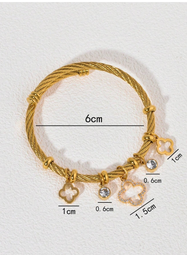 SHEIN 1pc Titanium Steel 18K Gold Bangle Bracelet, With Matte Texture And Hollow Lucky Flower Pendant