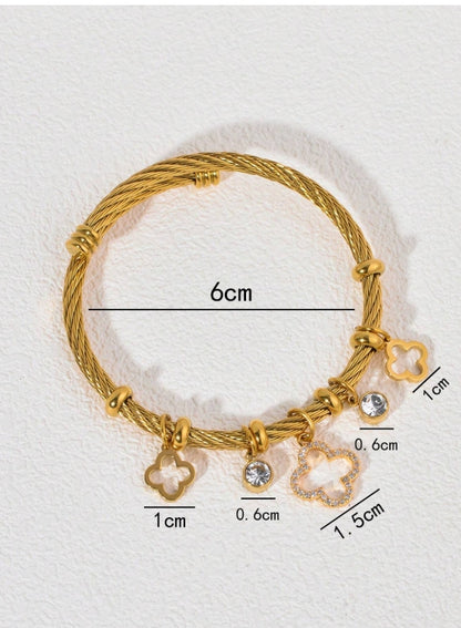 SHEIN 1pc Titanium Steel 18K Gold Bangle Bracelet, With Matte Texture And Hollow Lucky Flower Pendant