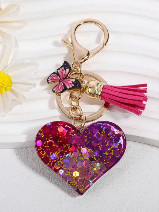 SHEIN 1pc Fashionable Sequin Heart & Butterfly Tassel Keychain Car Accessories Bag Charm