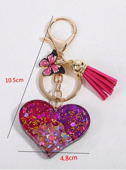 SHEIN 1pc Fashionable Sequin Heart & Butterfly Tassel Keychain Car Accessories Bag Charm