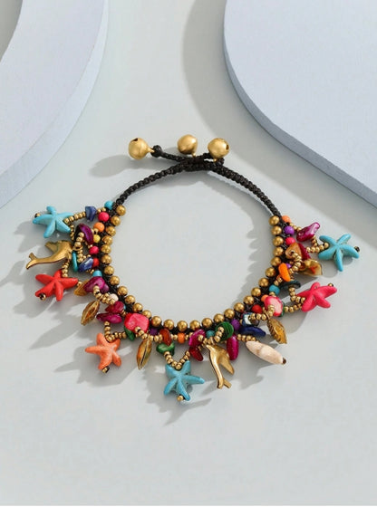 SHEIN 1pc Boho Style Turquoise Wax Cord Woven Anklet With Handmade Starfish