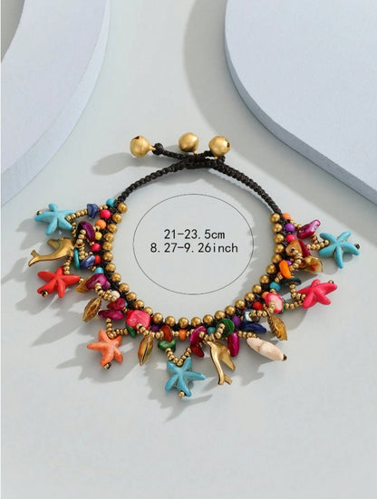 SHEIN 1pc Boho Style Turquoise Wax Cord Woven Anklet With Handmade Starfish