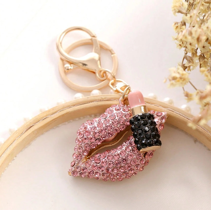 SHEIN 1pc Women Creative Fashion Rhinestone Embellished Lip Shaped Keychain, Charm Lips Keyring