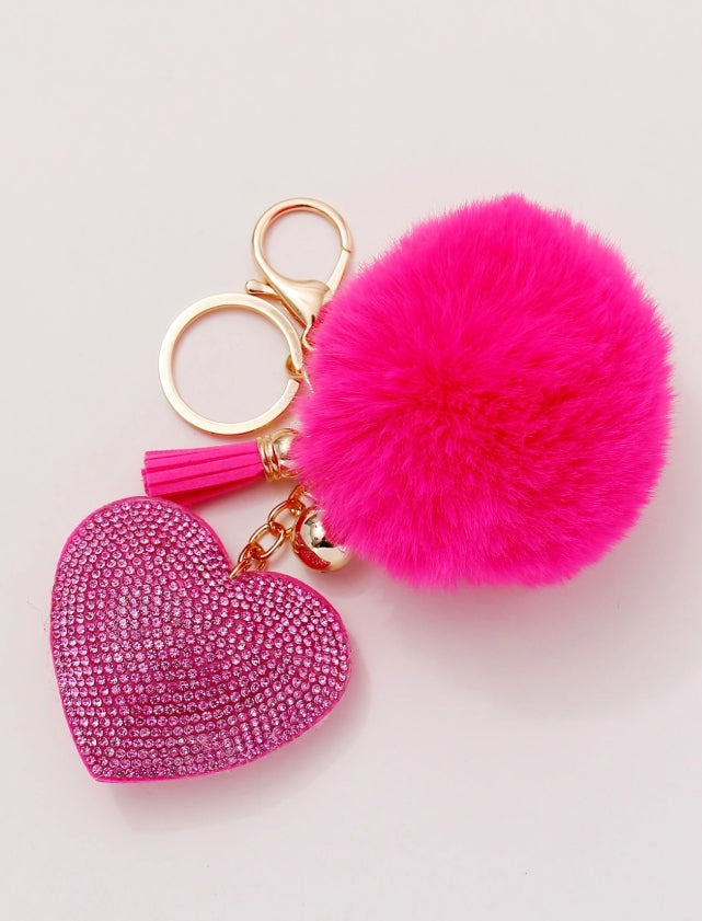 SHEIN 1pc Ladies' Rhinestone-Encrusted Plush Solid Color Heart Shaped Keychain With LOVE Charm