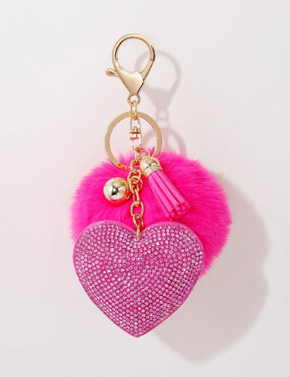 SHEIN 1pc Ladies' Rhinestone-Encrusted Plush Solid Color Heart Shaped Keychain With LOVE Charm