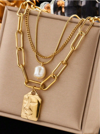 SHEIN 1 pc Three-Layer Vintage Fashionable and Unique High-End Multi-Layered Face Pendant Stainless Stee
