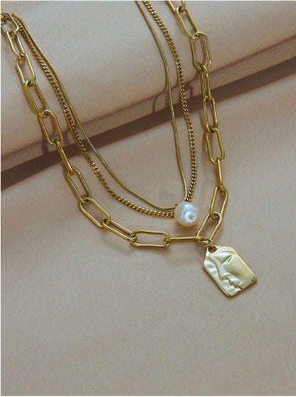 SHEIN 1 pc Three-Layer Vintage Fashionable and Unique High-End Multi-Layered Face Pendant Stainless Stee