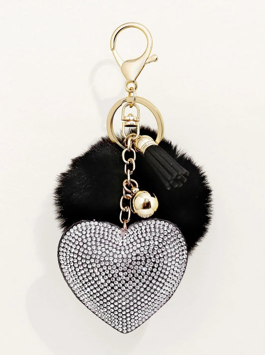 SHEIN  1pc Women Rhinestone-Studded Korean Solid Color Heart-Shaped Keychain With Love, Ball