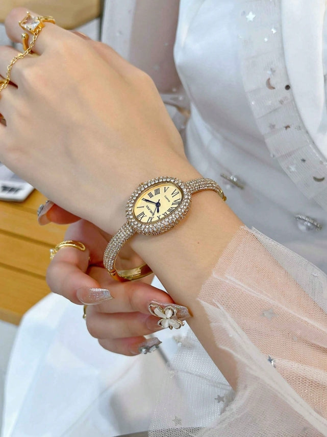 SHEIN 1pc Women's Luxury Rhinestone Encrusted Oval Roman Numeral Dial Bracelet Watch