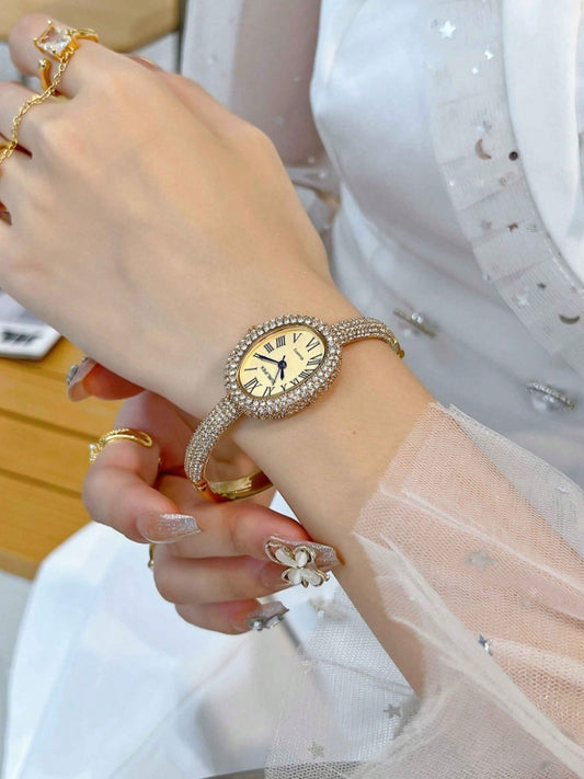 SHEIN 1pc Women's Luxury Rhinestone Encrusted Oval Roman Numeral Dial Bracelet Watch