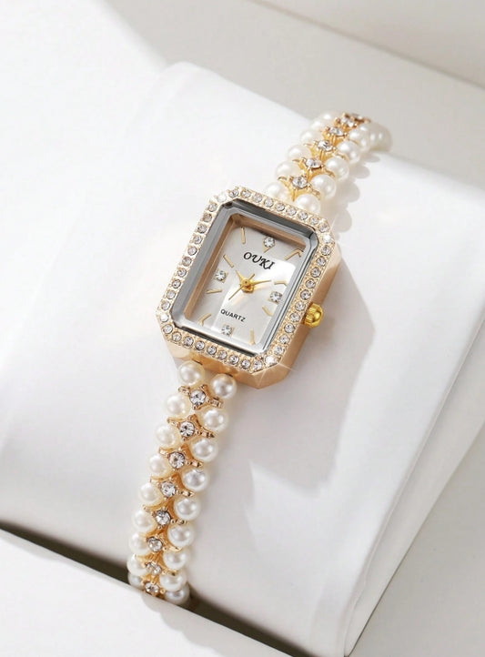 SHEIN 1pc Women's Pearl & Rhinestone Decorated Watch Band With Rhinestone Dial Elegant Quartz Bracelet Watch